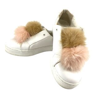 Sam Edelman White Sneaker Sz 8.5 Leya Leather Slip On Pom Puff Pink Tan Faux Fur